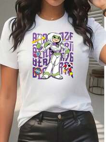 Camiseta de Mujer con Diseño de Personaje de Dibujos Animados, Diseño de Aventura Espacial, Ropa Casual de Verano para Regalos a Amigos y Familiares, 220g, blusa casual mujer - Blanco - Ver 5