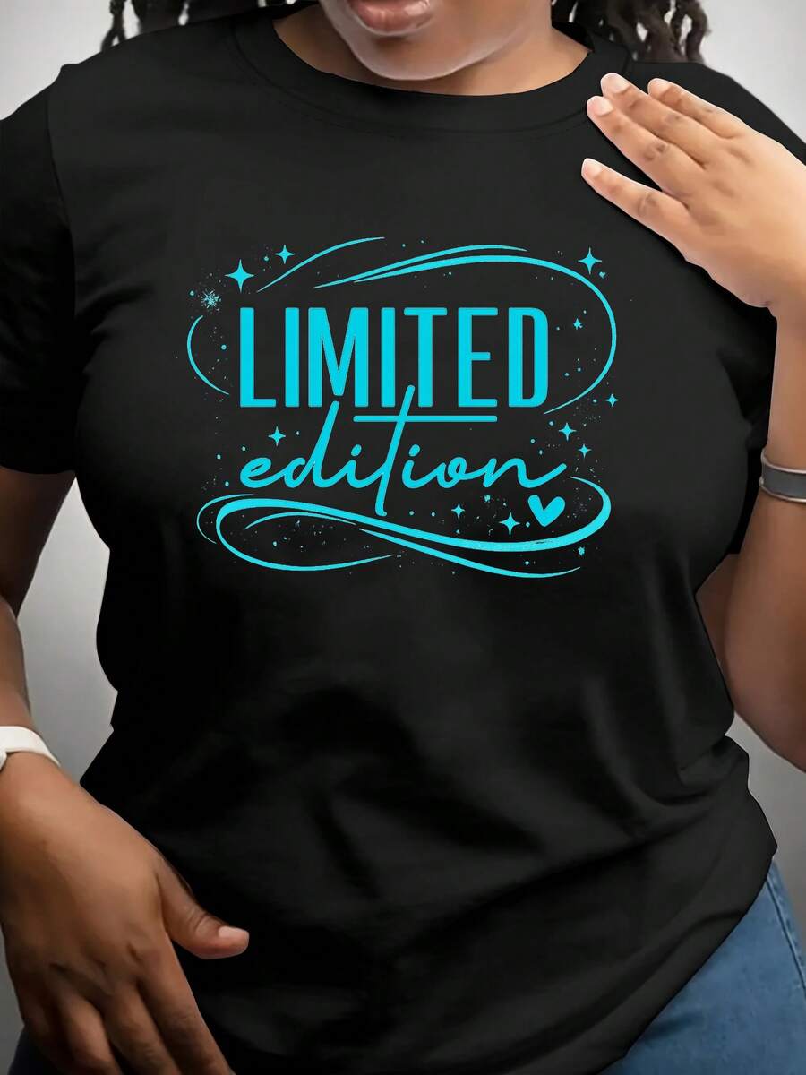 Camiseta de edición limitada con estampado de letras y eslogan, cuello redondo informal, manga corta, lavable a máquina. - Negro - Ver 1