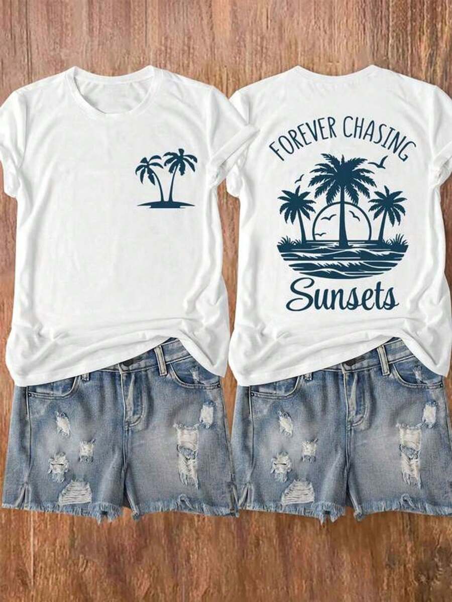 Camiseta de manga corta con cuello redondo y estampado de palmeras y letras de Sunsets Beach, adecuada para uso casual, al aire libre, vacaciones y uso diario en todas las estaciones. - Blanco - Ver 1