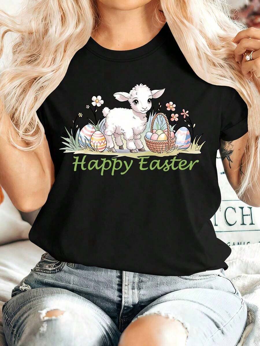 NewSummerCasual[Easter] Ropa de verano para mujer al lado de una cesta de huevos de Pascua, camiseta de manga corta con cuello redondo y estampado de Feliz Pascua, cómoda, suave, a la moda, elegante, para fiestas, vintage, casual, versátil, adecuada para primavera, verano, otoño, invierno, top deportivo. Camiseta de cuello redondo de corte holgado - Estilo callejero vintage - Camiseta unisex de algodón holgada de manga corta con cuello redondo. - Negro - Ver 1