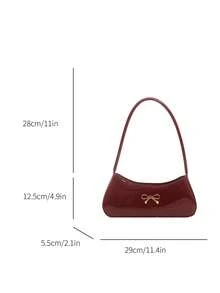 Bolsa de Axilas Brilhante de PU Fashion, Bolsa de Ombro Elegante Feminina com Laço e Decoração Metálica, Bolsa Minimalista de Cor Sólida Adequada para Festa, Encontro, Uso Casual Diário - Vinho - Visão 8