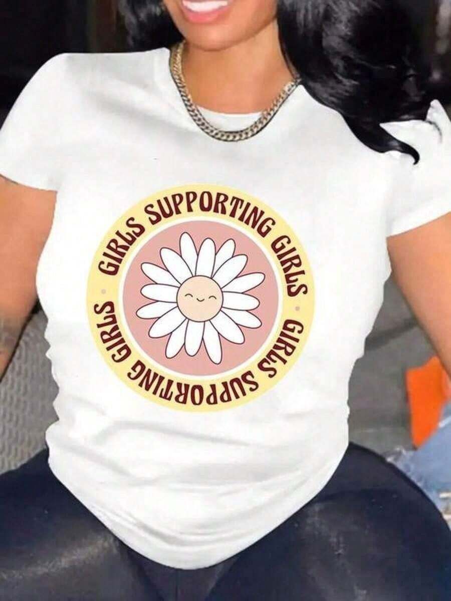 ComfortableRopa de talla grande para mujer, Camiseta gráfica para chicas con diseño de margaritas rosas y texto circular amarillo, elegante camiseta blanca, top casual lindo para uso diario, - Blanco - Ver 1