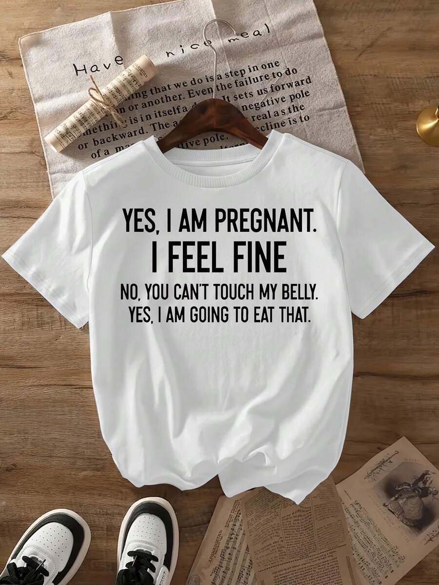 Camiseta de mujer con el mensaje "SÍ, ESTOY EMBALENCADA". "ME SIENTO BIEN," NO, NO PUEDES TOCAR MI VIENTRE. Estampado de letras 'YES, I AM GOING TO EAT THAT', moda primavera/verano 2026, camiseta de manga corta de algodón puro a la moda para mujer, camiseta elegante de algodón puro de manga corta para fiesta 14021, tops para salir de noche para mujer. - Blanco - Ver 1