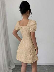 Women's Dress With Puff Sleeves And Square Neck, Fashionable For Summer - 酒紅色 - 查看 2