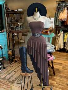 Vestido de mujer de unicolor y bajo asimétrico (cinturón no incluido) - Cafetería - Ver 6