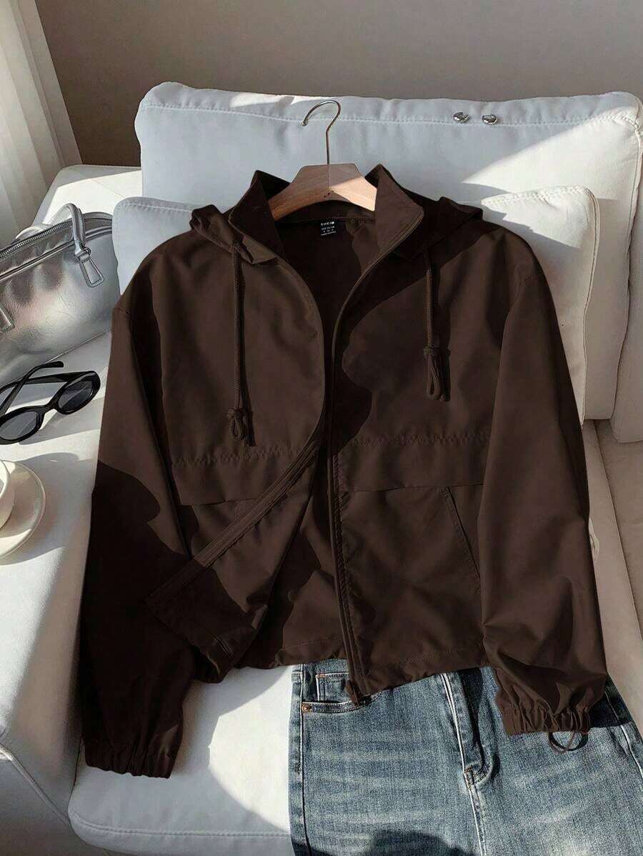 Chaqueta cortavientos casual color caqui, simple y de moda para uso diario en otoño/invierno - Marrón - Ver 1