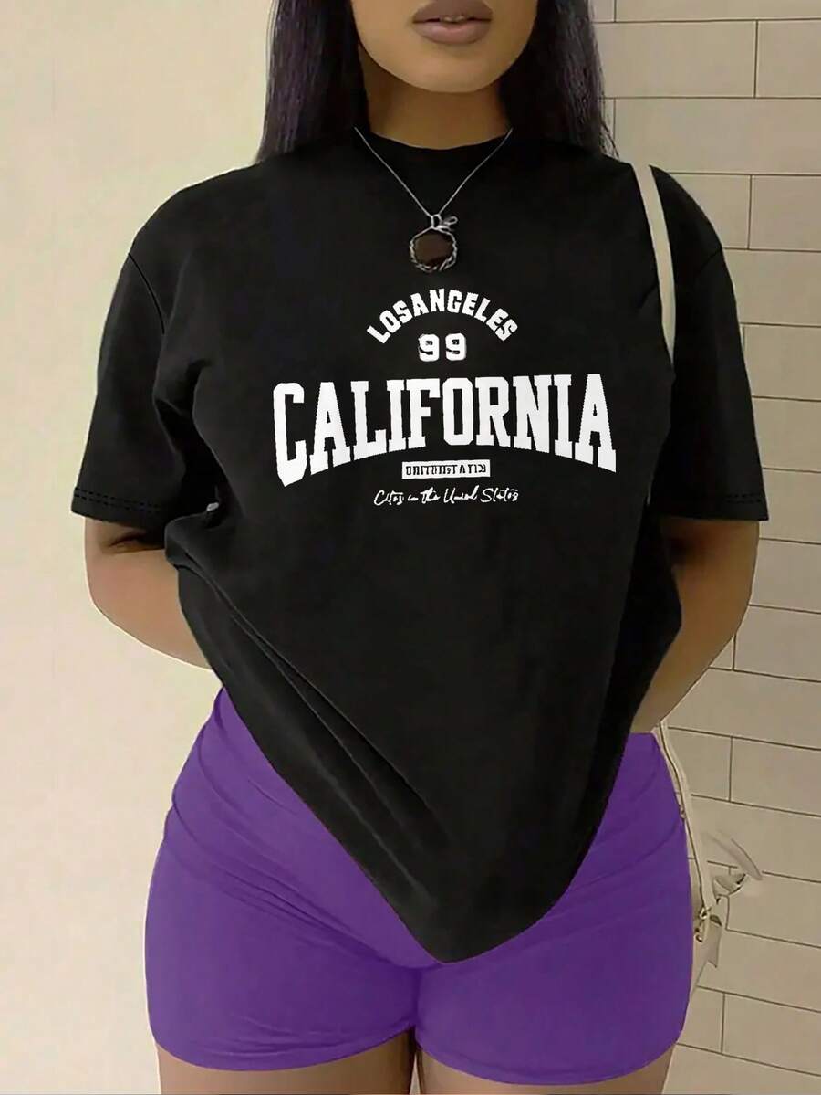 1 Camiseta Casual Elegante de Manga Corta para Mujer - Camiseta con Estampado 'LOS ANGELES', Suave y Transpirable, Cuello Redondo, Mangas Cortas, Moda Casual, Estilo Y2K, Jersey Transpirable, Adecuada para Primavera y Verano, Fácil Cuidado y Secado Rápido