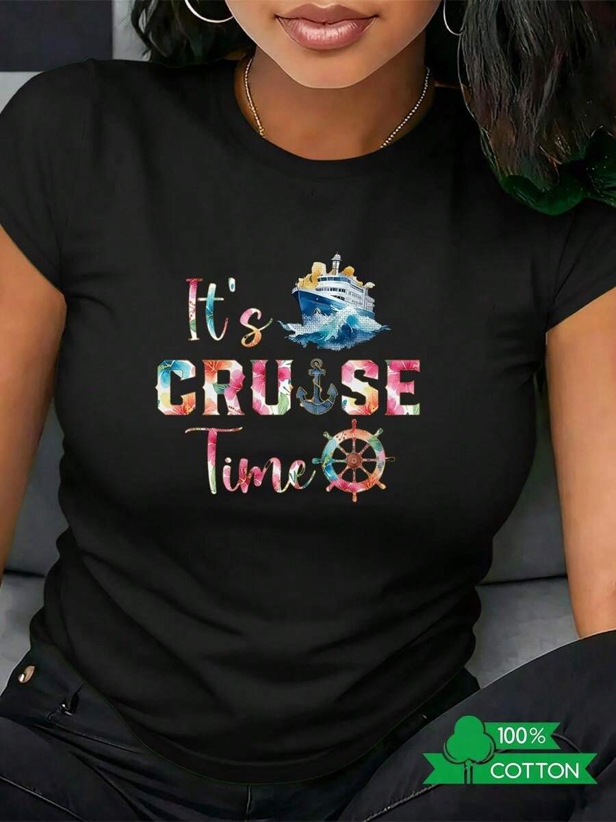 1 pieza de Playera corta 100% algodón, cuello redondo casual con estampado, texto CRUISE Manga corta transpirable para uso diario - Negro - Ver 1