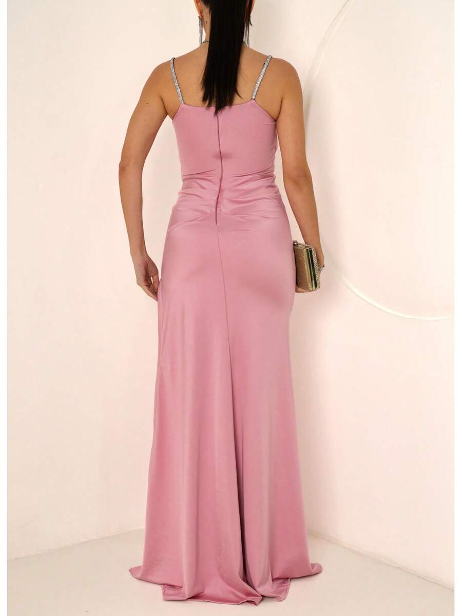 Elegant Long Dress For Bridesmaids, Parties, Graduations, Weddings, With Slit, Straps, Glitter, Trilobal Mesh, Sexy, Asymmetrical, For Parties Or Dates. - 裸玫瑰 - 查看 1