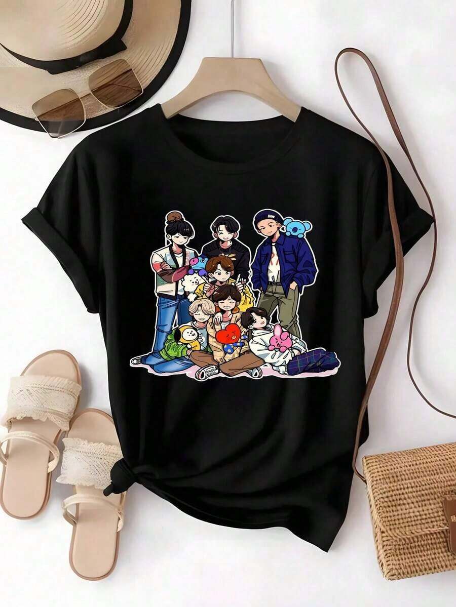 Playera PersonalizadaBT21,,K-poppersonajesadorableestampadolindomirarcasualjuvenil,idealparacoleccionistas,salidascomunidad de fansfanáticosdelK-popregaloparafanáticomodacoreana,superiorMéxico,blusaselegantesdama,tops,parejas,blusascon curvasmujer. Camiseta Vintage de Estilo Urbano Unisex de Algodón Holgado de Manga Corta con Cuello Redondo - Negro - Ver 1