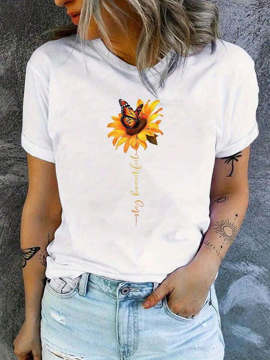 Arte Mexicano Camiseta Casual de Mujer con Estampado Floral, Manga Corta, Cuello Redondo, Ligera, para Primavera Verano, Diseño Vibrante de Girasol y Mariposa, Corte Relajado para Atuendo Casual, Top de Primavera Verano, Diseño de Estampado Vibrante, Textura Brillante, Camiseta de Algodón para Familia Coordinada - Blanco - Ver 1
