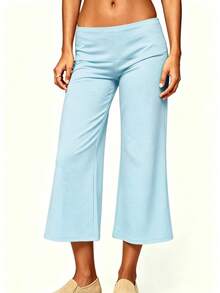 Womens Low Rise Capri Pants Fold Over Waistband Solid Color Slim Fit Cropped Pants Trousers - 天藍色 - 查看 1