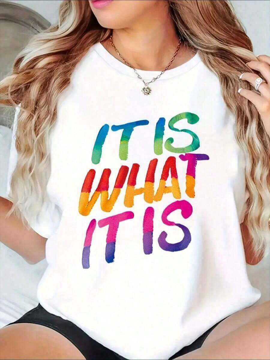 Es lo que es: Camiseta con estampado de arcoíris para mujer, de corte holgado casual, camiseta llamativa, ropa de calle unisex, camiseta de moda, estilo vintage urbano, camiseta unisex de algodón de manga corta y cuello redondo, blusas para mujer. blusas.blusas casuales para dama. - Blanco - Ver 1