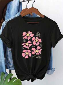 blusas Talla Grande - Talla Grande - Camiseta con Estampado Gráfico para Mujer en Tallas Grandes, con Mangas Cortas y Cuello Redondo, Perfecta para Uso Casual en Verano y Primavera.Suitable for spring, summer and autumn - Negro - Ver 1