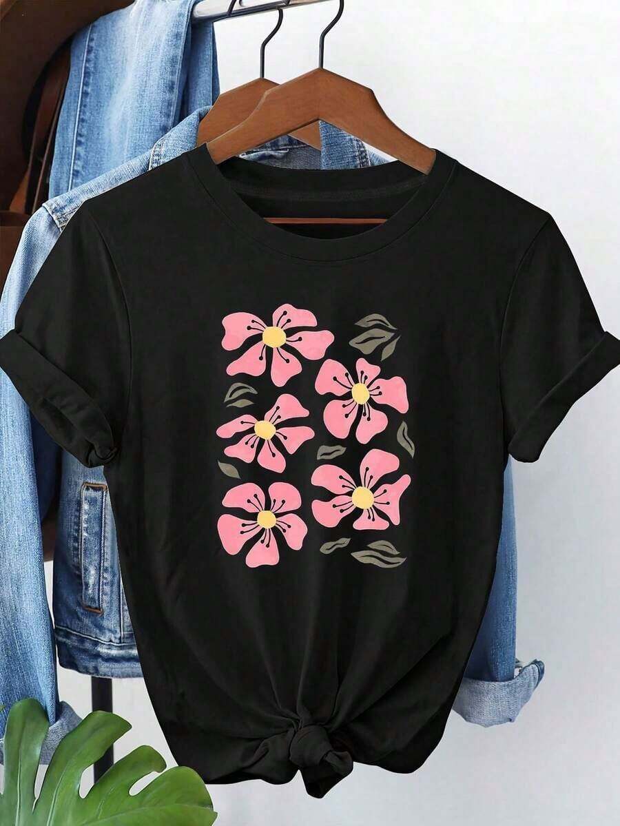 blusas Talla Grande - Talla Grande - Camiseta con Estampado Gráfico para Mujer en Tallas Grandes, con Mangas Cortas y Cuello Redondo, Perfecta para Uso Casual en Verano y Primavera.Suitable for spring, summer and autumn - Negro - Ver 1
