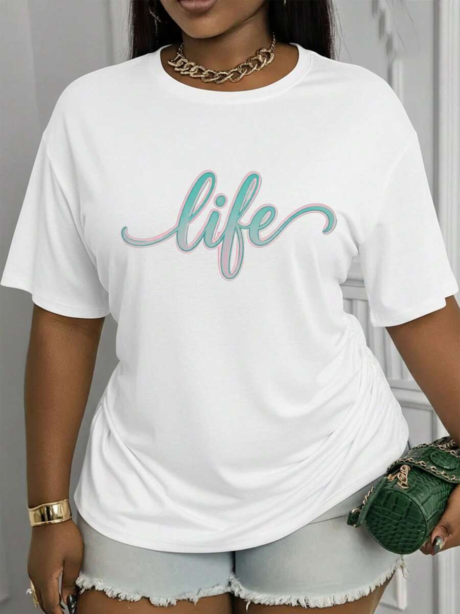 Soft, Breathable, And Lightweight For All-Day Comfort. Women's Printed T-Shirt - "Life" Themed Design. | Breathable And Lightweight (Suitable For Spring, Summer, And Fall) | Machine Washable | Great Gift Choice | Versatile And Easy To Match | Basic Casual Shirt | Fashionable | Comfortable And Fitted, The Classic Crew Neck T-Shirt Has A Relaxed Fit That Flatters All Body Shapes And Is Easy To Pair With Jeans, Shorts, And Leggings. - 白色 - 查看 1