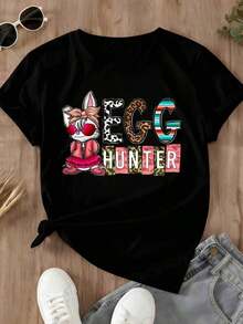Women's Easter Bunny Print T-Shirt, Cute Rabbit Graphic Tee, Fashionable Spring Holiday T-Shirt, Urban Vintage Style, Unisex, Cotton, Short Sleeve, Round Neck, 100% Cotton - 黑色 - 查看 4