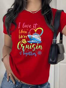 Cruise Ship Graphic Print T-Shirt, 180g, 1 Piece, Women's Summer Casual Style, 100% Cotton, For Vacation And Sailing - 紅色 - 查看 9