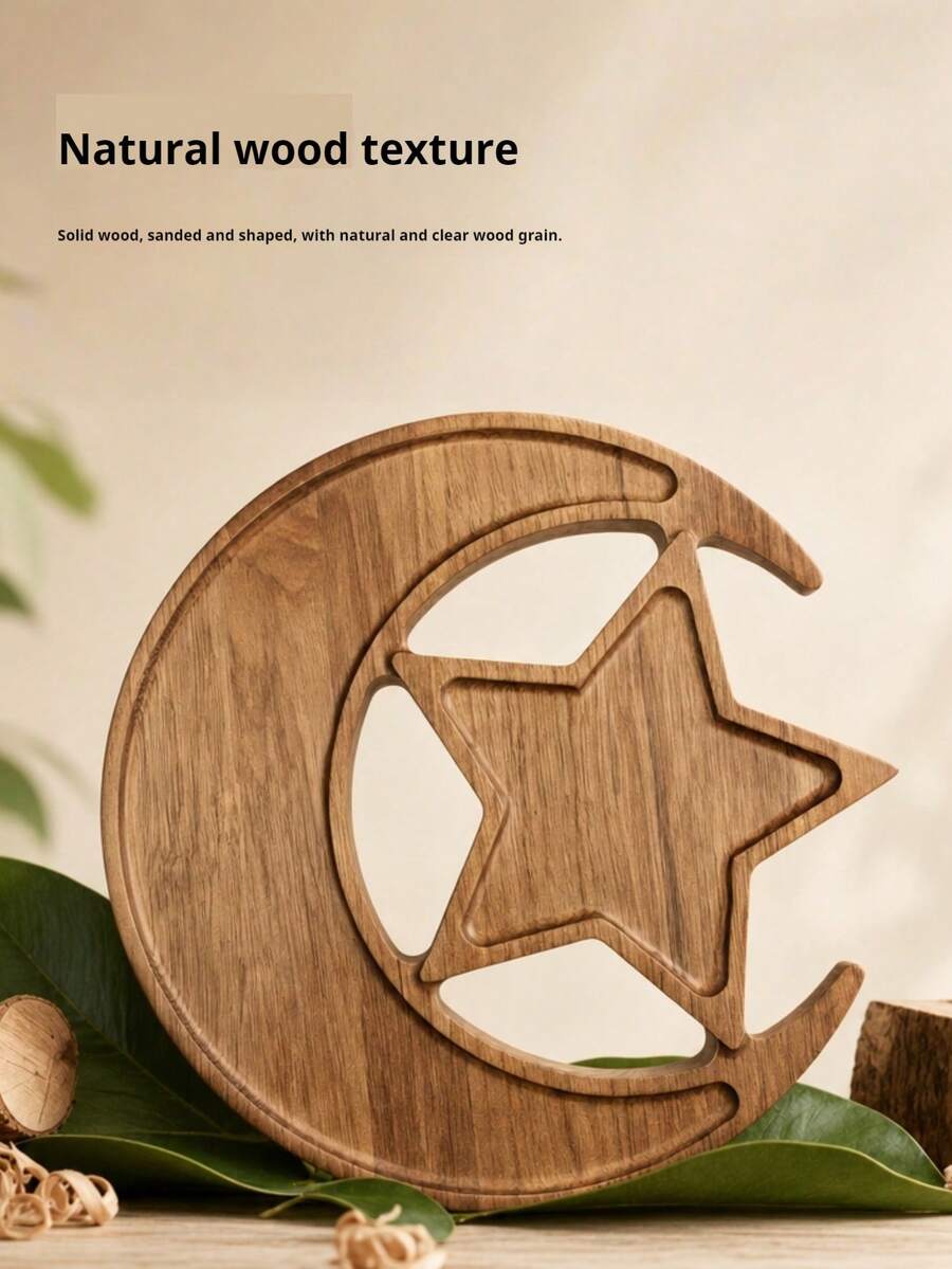 1個星月形木製托盤，木製星月裝飾，餐盤，廚房收納托盤，餐具木製托盤，蛋糕托盤，零食托盤，水果托盤，廚房與浴室托盤