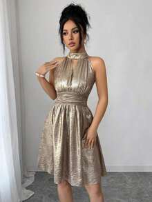 Raffinéa Vestido corto elegante y delicado de mujer con escote halter y cintura calada en forma de A, adecuado para salidas y citas, primavera/verano - Gris - Ver 4