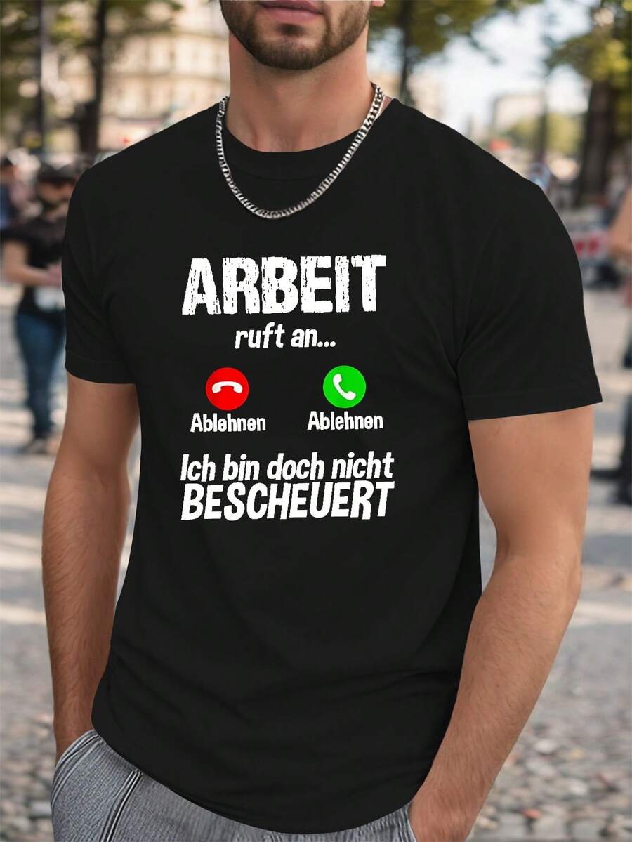 Divertida camiseta de manga larga para hombre de talla grande con efecto de arruga de teléfono de trabajo alemán - Negro - Ver 1
