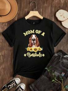 Camiseta de Mujer "Mamá de un Basshole" Opciones en Blanco y Negro Estampado de Girasol y Perro Camisetas Casuales para Uso Diario Tops de Verano Camisetas Gráficas Conjuntos de Verano para Mujer Camisetas Cortas para Mujer Tops Vintage de Algodón Ropa Linda para Mujer Playera Holgada para Mujer - Negro - Ver 2