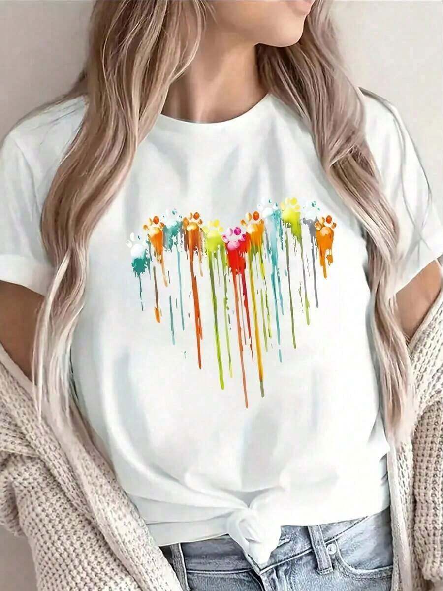 Elegante camiseta de manga corta decorada con un estampado de corazones multicolor, hecha de tela suave y elástica, con diseño de cuello redondo, casual y versátil, adecuada para todas las estaciones. Perfecto para el hogar, la oficina, fiestas y otras ocasiones. Conjunto de verano para mujer - camiseta de manga corta de algodón puro, estilo retro urbano, unisex y holgada. - Blanco - Ver 1