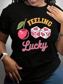 100% algodón, camiseta de mujer con estampado de cerezas y dados de la suerte, top casual de verano para mujer-220 - Negro - Ver 1