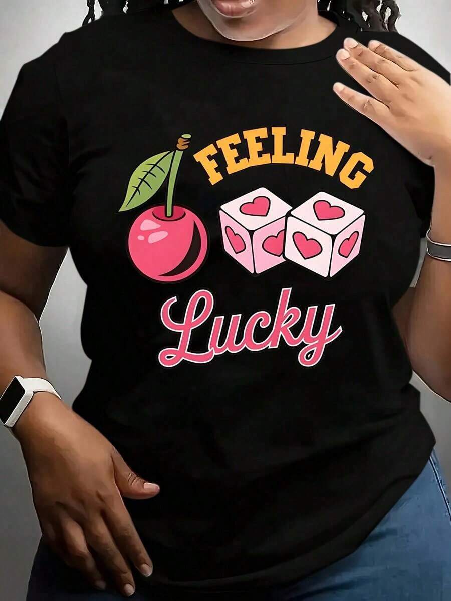 100% algodón, camiseta de mujer con estampado de cerezas y dados de la suerte, top casual de verano para mujer-220 - Negro - Ver 1