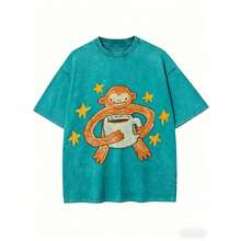Monkey Coffee Print T-Shirt | High-Quality Batik Retro Streetwear, Unisex, Casual Style, Crew Neck, Slightly Flared Hem, Short Sleeve. Ideal For Daily Wear And Holiday Gifting. Retro Washed Cotton Short Sleeve, Neutral Vintage Egg Pattern Crew Neck - 青碧色 - 查看 11