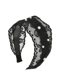 1pc Elegant Casual Black Faux Pearl Flower Mesh Headband Hairband - Black - View 3