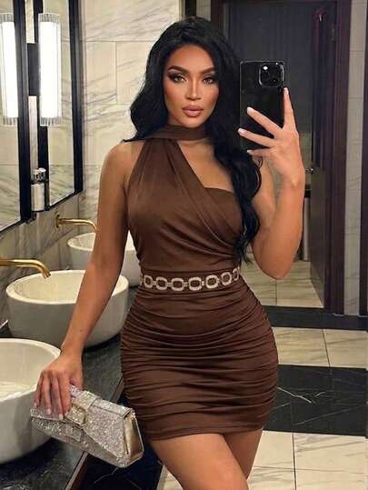 AIJ Amarillo Women's Sleeveless Fitted Mini Dress, Elegant Shawl Collar Design, Back Slit, Ruched Detail, Stretchy Knit Fabric, Brown New Year Party Dress