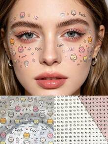 1 pieza Lindo adhesivo facial de gato de dibujos animados con diamante de imitación, gatos y perros pintados a mano con brillo plateado, decoración facial, adhesivo de maquillaje impermeable y de larga duración, adecuado para festivales de música, sesiones de fotos de cumpleaños de niñas, fiestas, crea un look de maquillaje adorable y femenino, fácil de aplicar como acento de maquillaje brillante de ojos, proporciona un efecto de filtro suave y lindo, fácil para principiantes - Multicolor - Ver 1