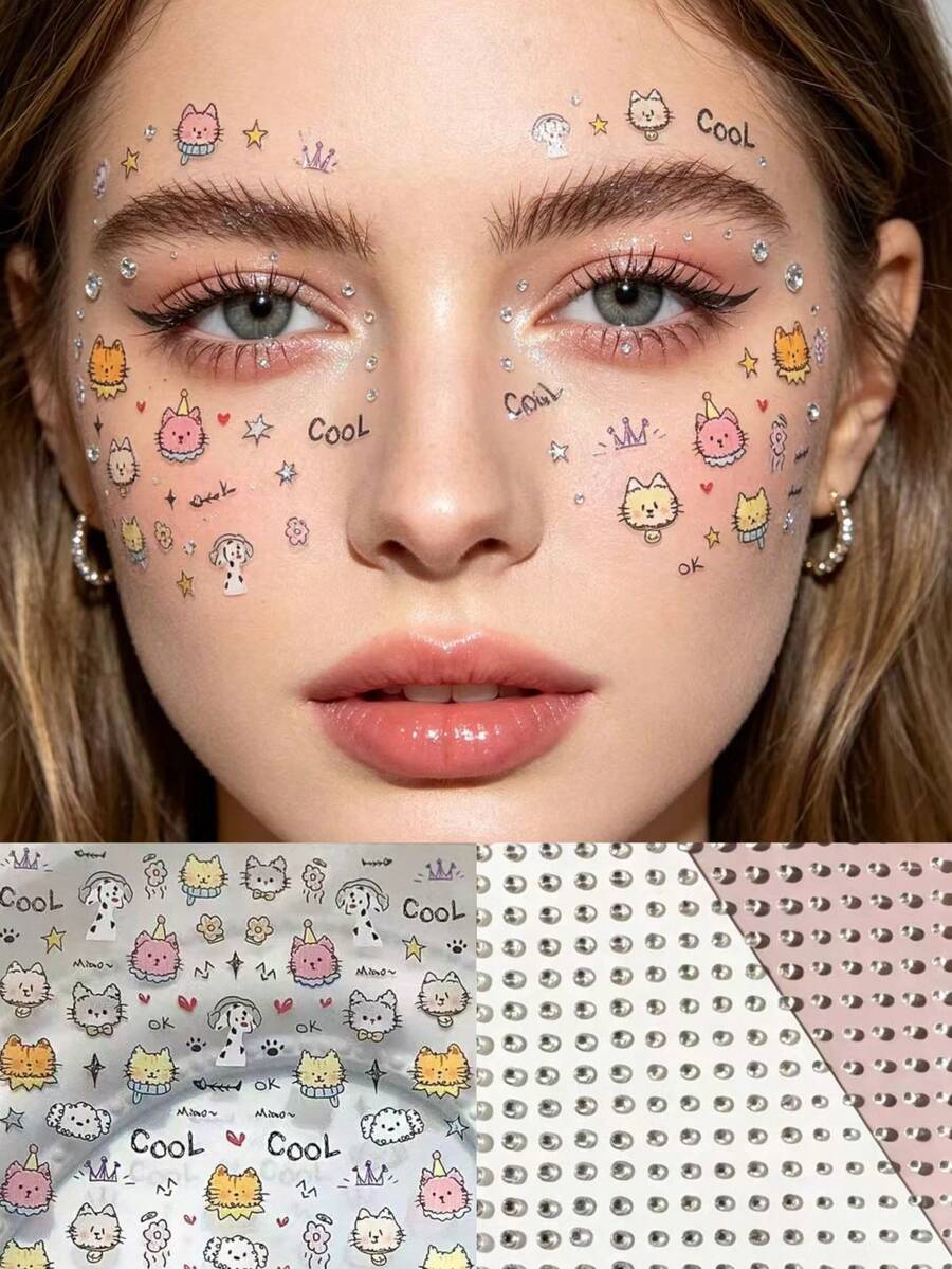 1 pieza Lindo adhesivo facial de gato de dibujos animados con diamante de imitación, gatos y perros pintados a mano con brillo plateado, decoración facial, adhesivo de maquillaje impermeable y de larga duración, adecuado para festivales de música, sesiones de fotos de cumpleaños de niñas, fiestas, crea un look de maquillaje adorable y femenino, fácil de aplicar como acento de maquillaje brillante de ojos, proporciona un efecto de filtro suave y lindo, fácil para principiantes - Multicolor - Ver 1