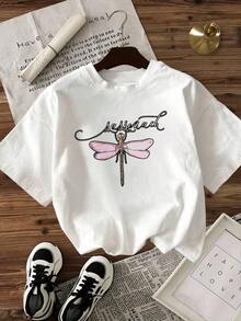 Camiseta de mujer, corte holgado casual, opciones en negro y blanco, estampado de libélula Sassonath, camisetas de uso diario de verano, tops de verano, camisetas gráficas, conjuntos de verano, camisetas gráficas de mujer, tops cortos de mujer, tops vintage de algodón, ropa linda para mujer, blusas para mujer. - Blanco - Ver 3