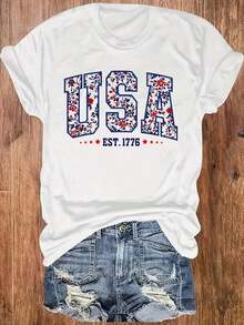 Soft USA 1776 Sudadera de Cuello Redondo con Estampado Floral para el Día de la Independencia, Cómoda Camiseta Casual de Algodón Puro con Estampados Gráficos Deportivos a la Moda, Estilo Unisex para Parejas, Estilo Urbano Y2K, Adecuada para Celebraciones Festivas, Día de la Independencia, Manga Corta para Mujer, Regalo de Cumpleaños. - Blanco - Ver 7