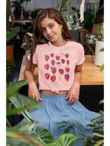 [National Shipping] VILOVE Camisetas Gráficas Lindas de Fresas para Mujer, Camisetas con Estampado de Frutas, Ropa Estilo Cottagecore, Camiseta de Cuello Redondo, Camisetas de Jardín - Estilo - Ver 5