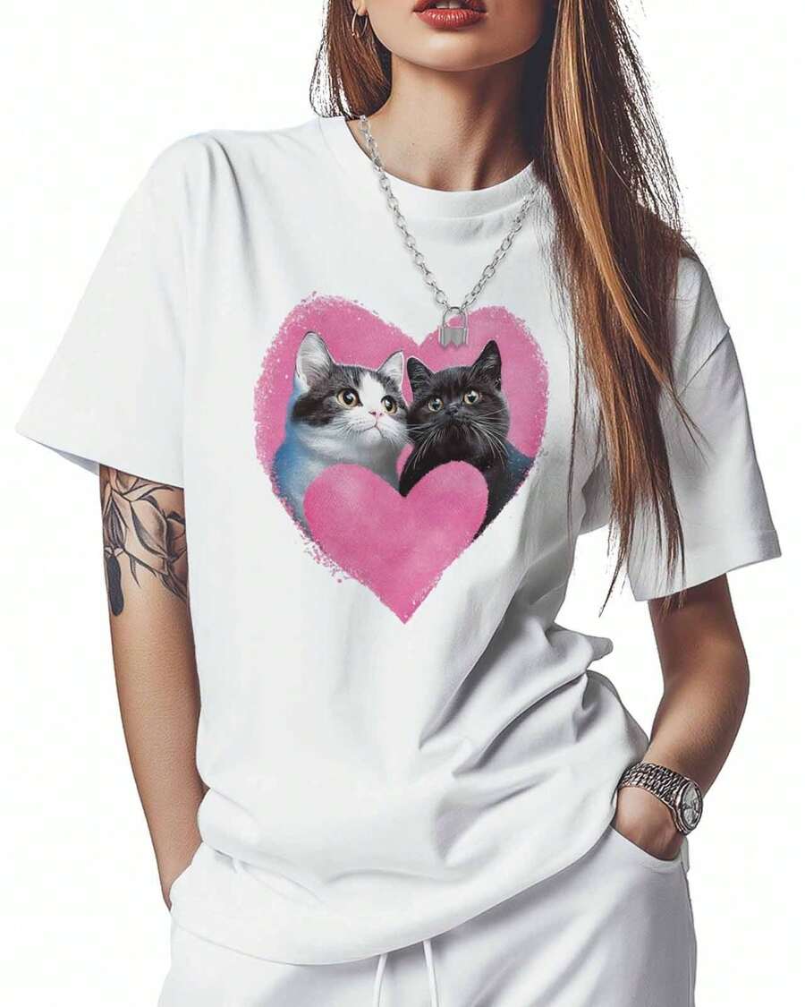 Women's T-Shirts, Cotton T-Shirt With Heart Print, Couple Of Cats, Cute Animal, Round Neck, Short Sleeve, Casual Style, Loose Fit, Black, Size M - 白色 - 查看 1