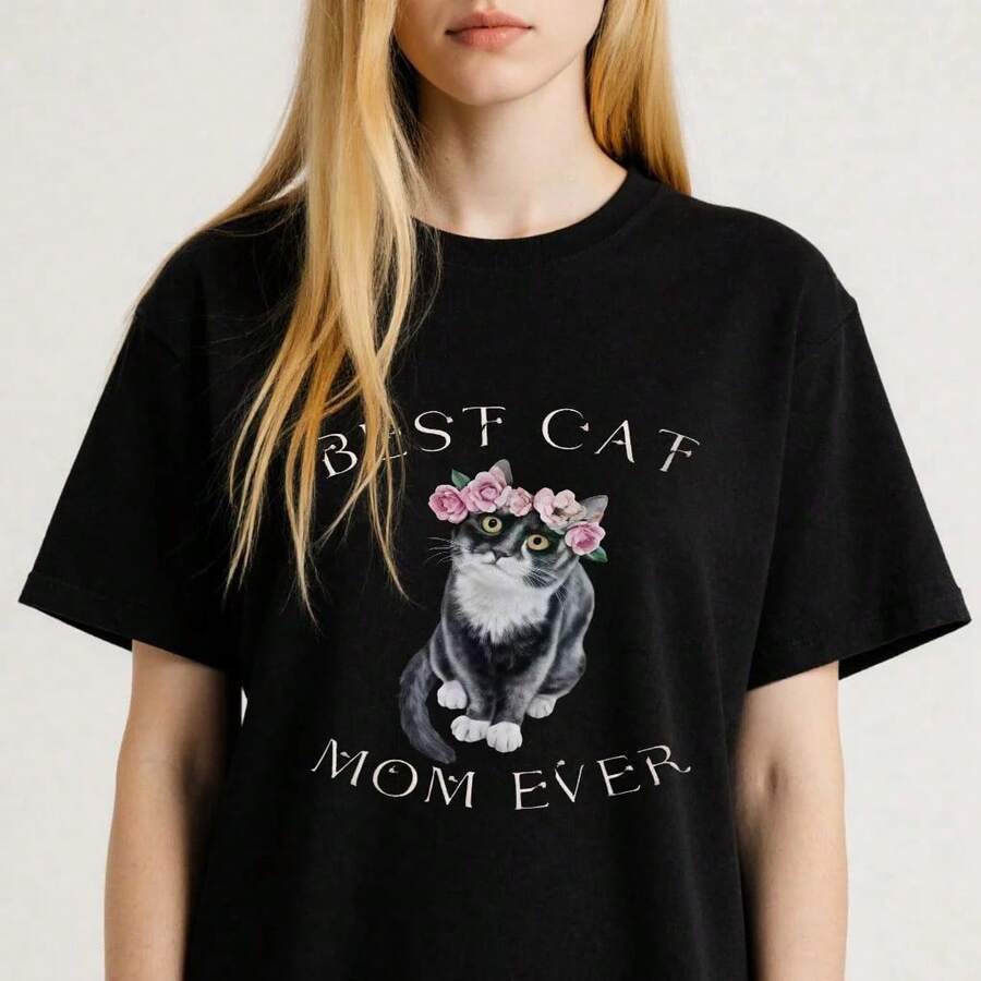 Camiseta para Mujer con Diseño Floral de Gato, la Mejor Mamá de Gatos de la Historia, Tallas S-4XL, Regalo para el Día de la Madre - Negro - Ver 1