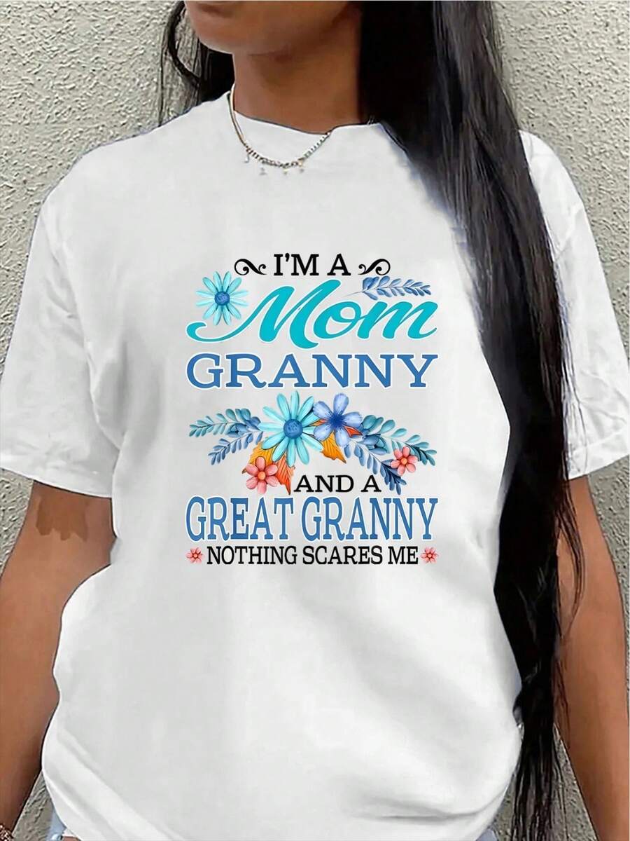 Camiseta de manga corta para mujer, con el diseño "Soy madre, abuela y abuelena" - un diseño que no me asusta, perfecta para el hogar, la cocina o salidas informales, duradera y ligera, con estampado floral, blusa casual mujer. - Blanco - Ver 1