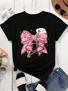 Camiseta con Estampado Gráfico de Enfermera, Lazo Negro y Rosa, Estetoscopio, Corazón y Estampado Xoxo, para Mujer, Ropa Casual para Fiesta - Negro - Ver 2