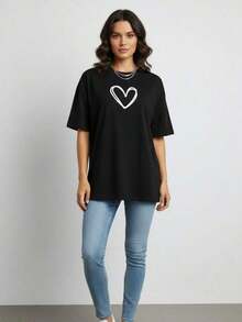 1 pieza de camiseta de algodón de manga corta para mujer con estampado de corazón, 180g, 100% algodón - Por lo tanto - Ver 1