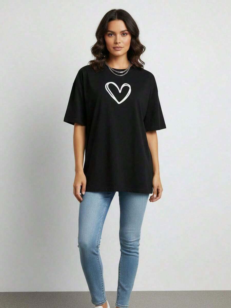 1 pieza de camiseta de algodón de manga corta para mujer con estampado de corazón, 180g, 100% algodón - Por lo tanto - Ver 1