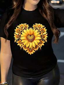 Camiseta de Mujer con Estampado de Corazón de Girasol en Negro y Amarillo - Blusa Casual de Manga Corta para Verano, Corte Holgado, Ligera para Uso Diario, Lavable a Máquina, Transpirable y Cómoda. - Negro - Ver 6