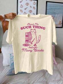 ModernoYou Graphic Print T-Shirt "Never Can Have Too Many Books", Short Sleeve, Round Neck, Casual Top For Summer And Spring, Casual Clothing For Women - Apricot - View 6