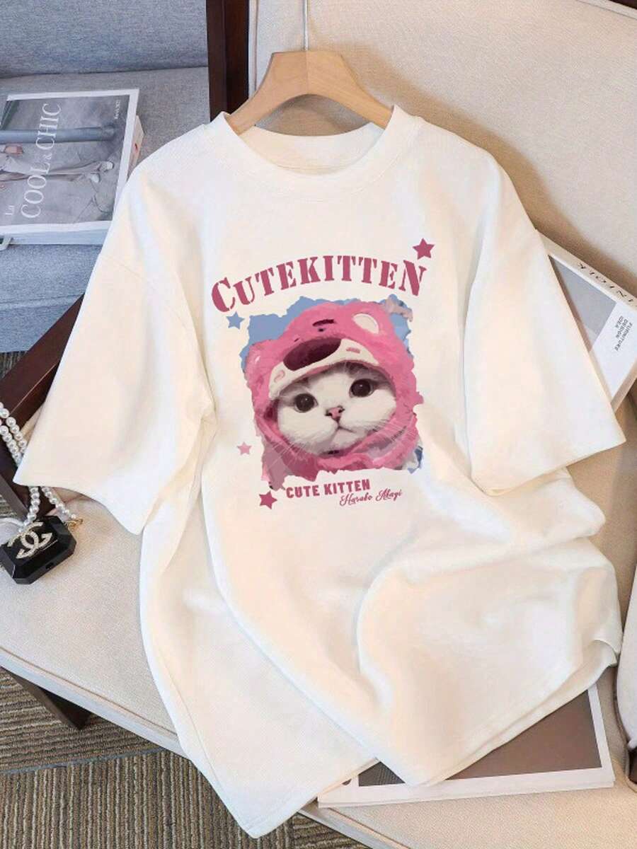 Camiseta de Mujer Y2K Rosa con Estampado de Gato y Letras, Manga Corta, Nueva Moda de Verano, Versátil, Holgada, Cuello Redondo, Top Y2K. - Blanco - Ver 1