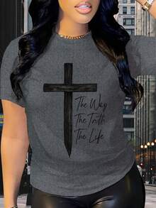 Suave, transpirable y ligera para comodidad durante todo el día. Camiseta de mujer con estampado cruzado y la inscripción "Road, Truth, Life" - suave, transpirable, de manga corta, cuello re - Blanco - Ver 9