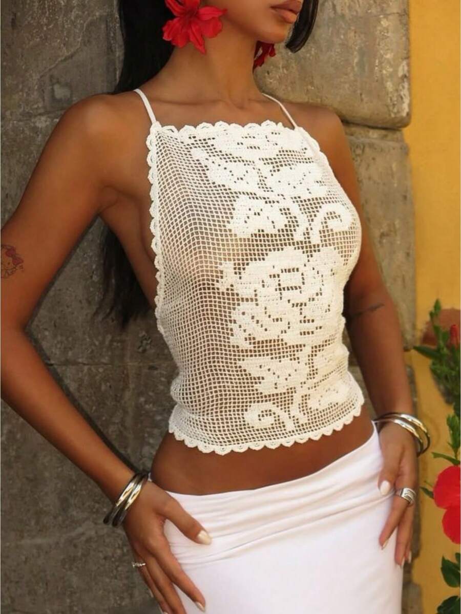 Top Halter de Ganchillo Floral para Mujeres, Top Corto de Espalda Descubierta, Tropicoqueta  Outfit para Vacaciones - Blanco - Ver 1