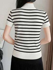 Suéter ajustado de punto de cuello alto medio, unicolor, de manga corta, para otoño e invierno, para mujer - Blanco y Negro - Ver 2
