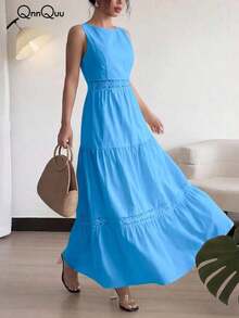 Vestido de mujer de verano con cuello redondo, sin mangas, con encaje en la cintura y bolsillo, elegante y romántico, adecuado para uso diario, citas y vacaciones - Azul cielo - Ver 11
